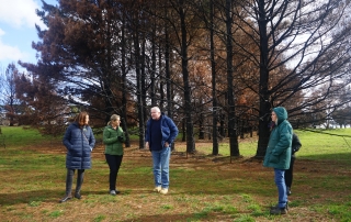 Three women and a man are in the foreground in the background is burnt pine trees.